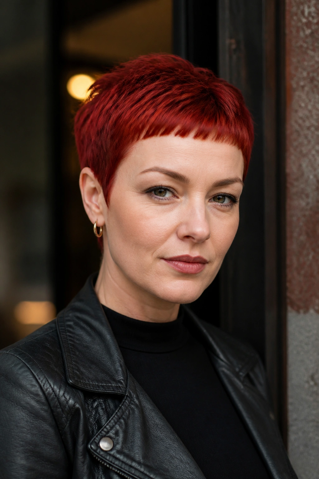 Close-up of real person with scarlet micro-fringe pixie crop in urban doorway lighting