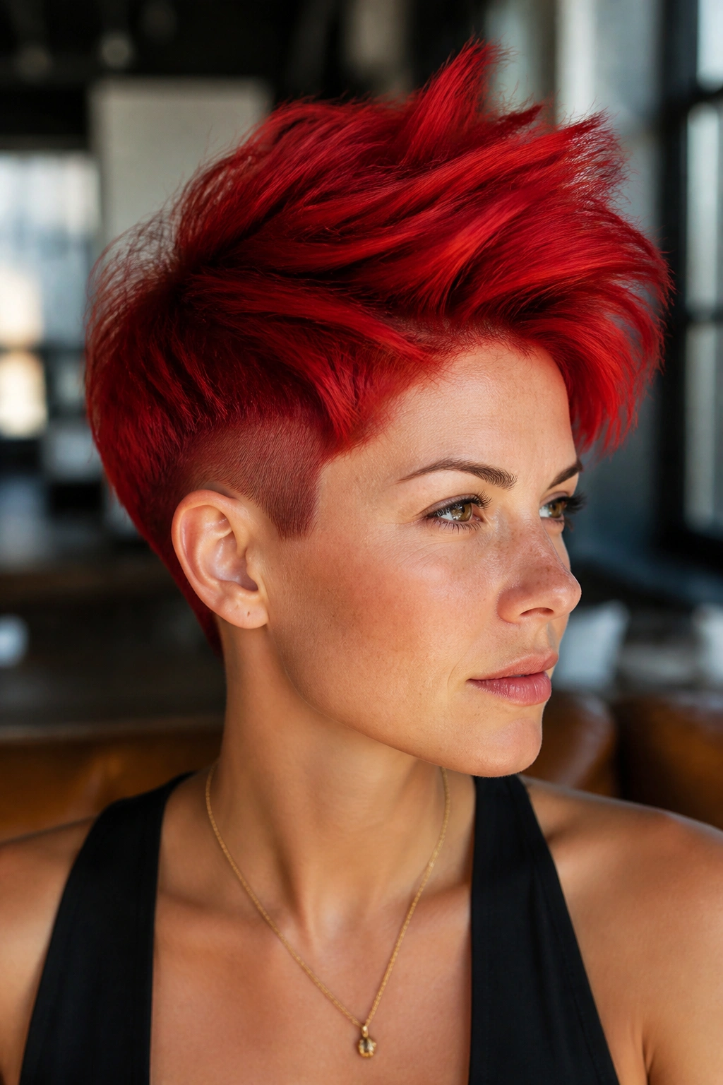 Close-up of a real woman with scarlet pixie undercut and elevated crown.