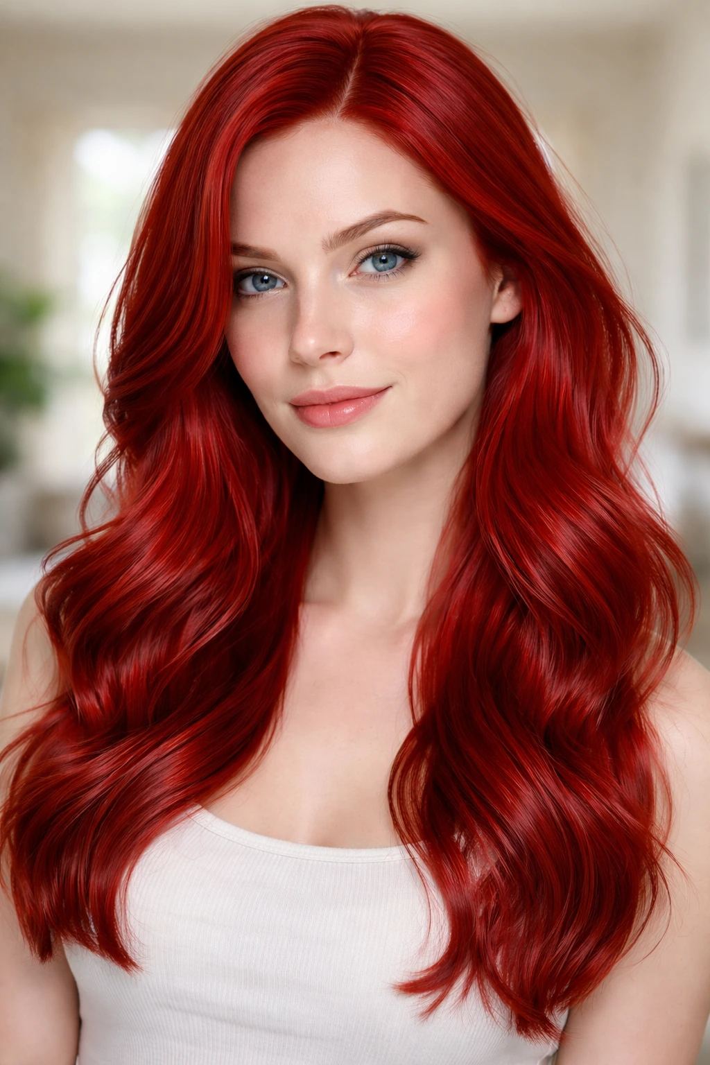 Close-up portrait of a person with blue-based scarlet red hair in soft daylight