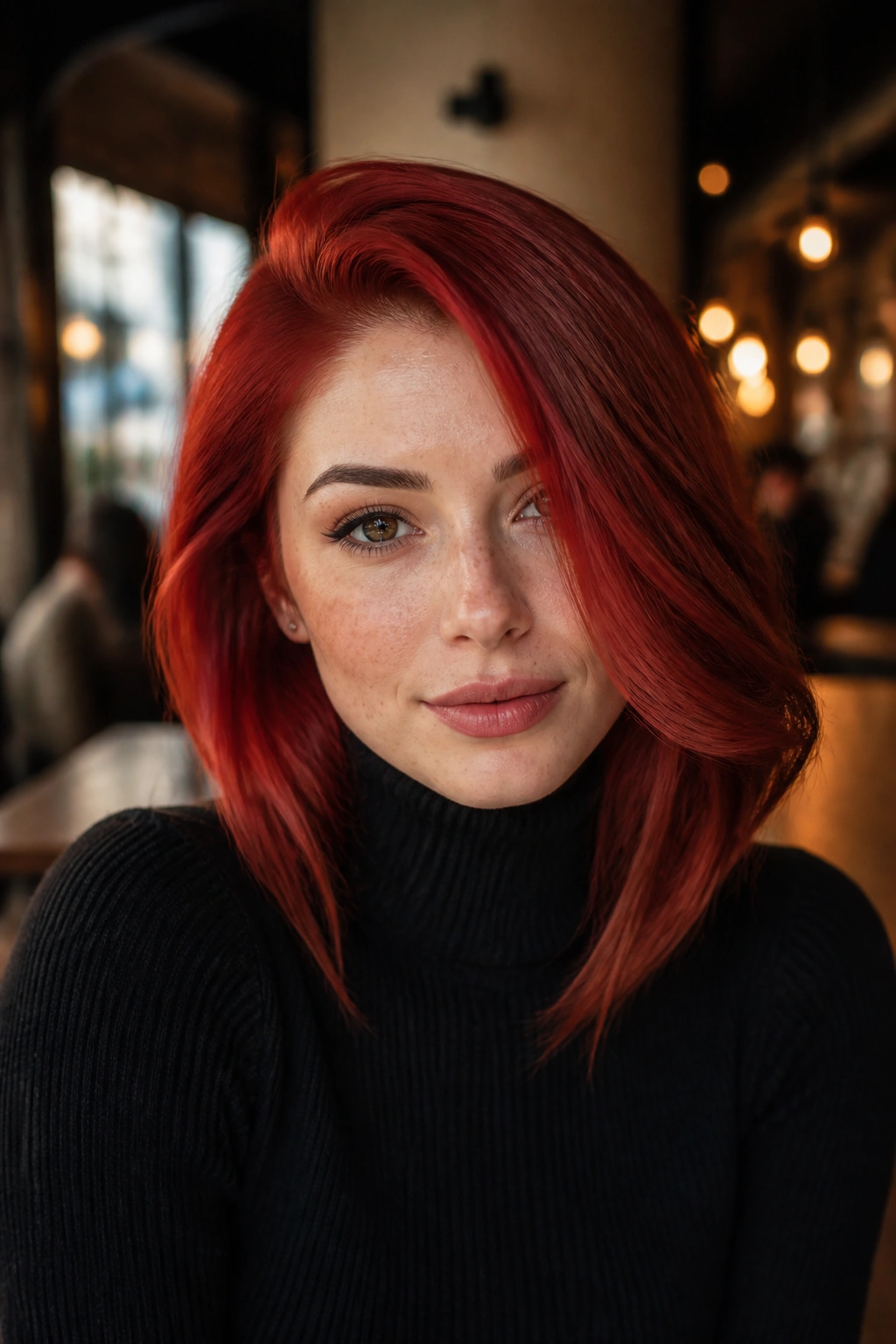 Close-up of a woman with scarlet red hair and a deep side part