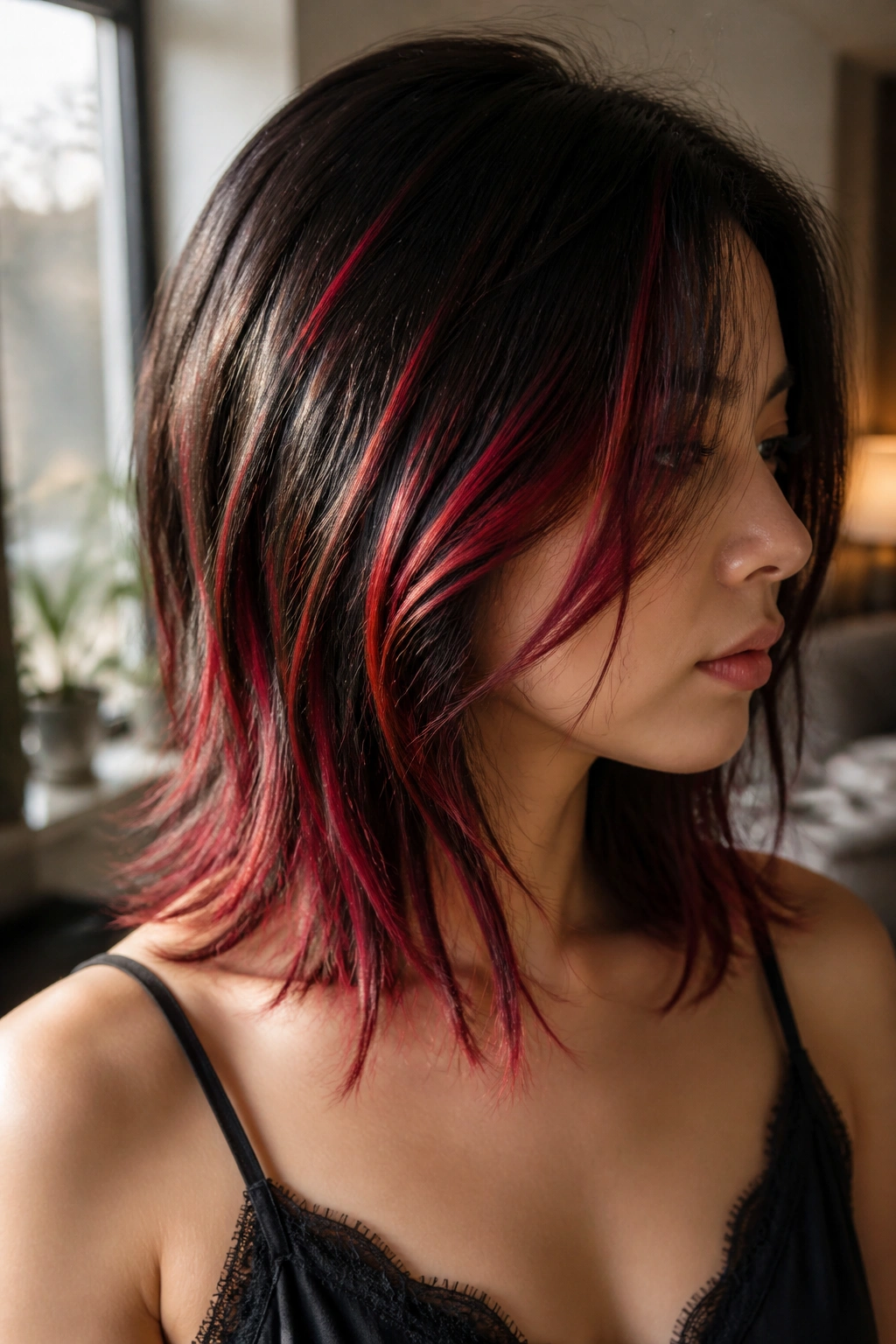 Close-up of a real woman with black roots and thin scarlet ribbons throughout ombre hair