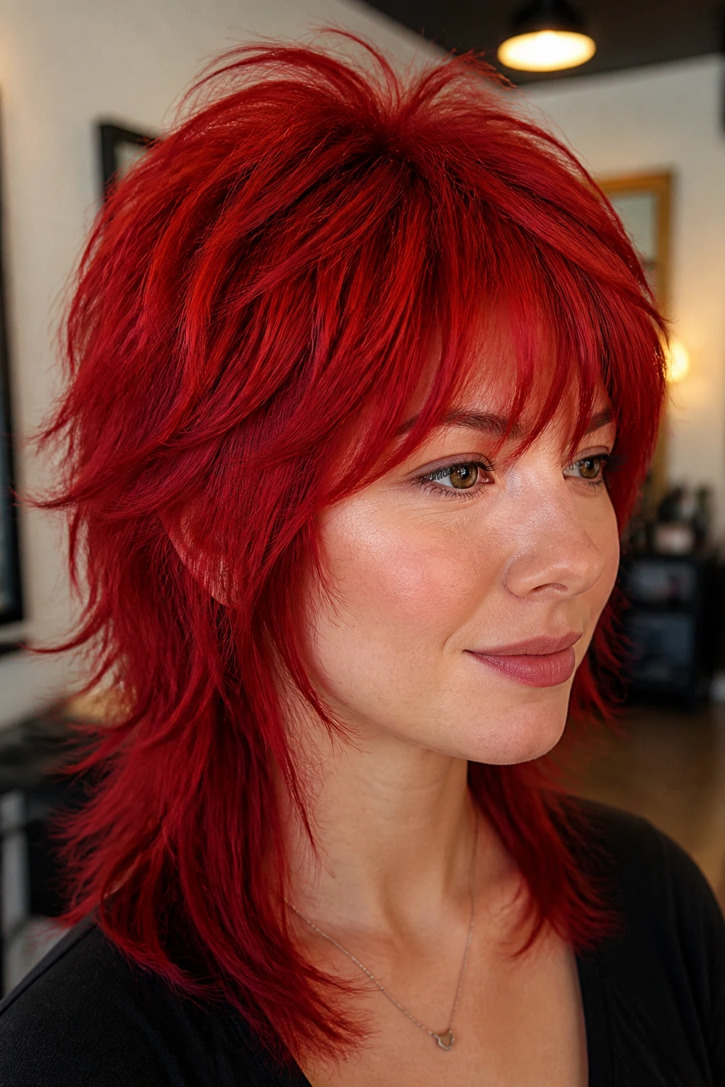Portrait of a real person with scarlet shag and short crown layers in a salon
