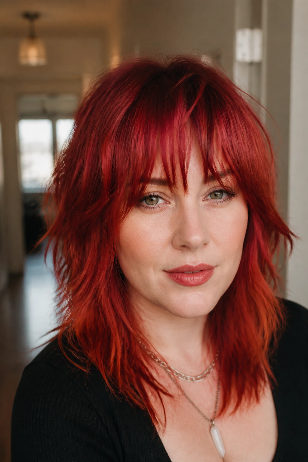 Close-up portrait of a real woman with scarlet shag and piecey full fringe