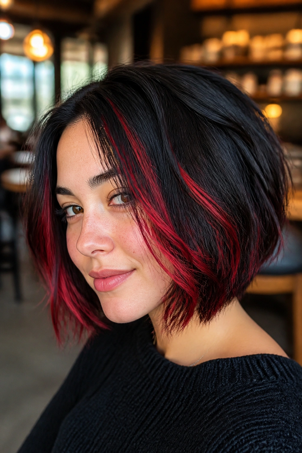 Close-up of layered bob with scarlet vertical slices in the front.