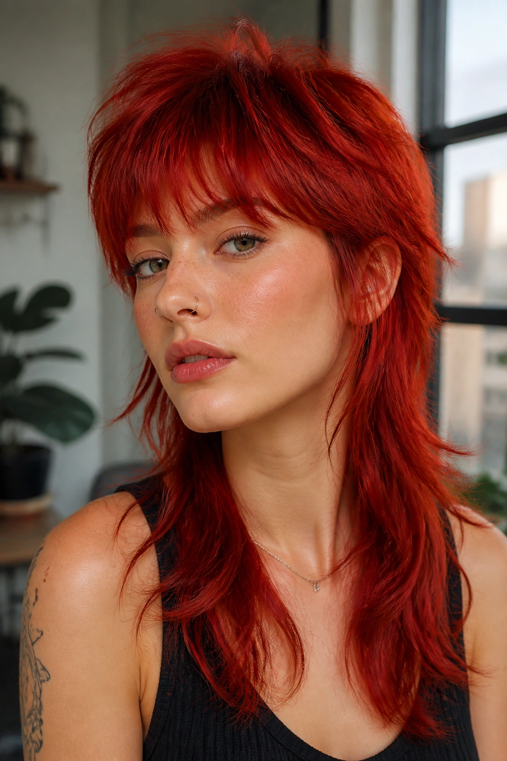 Close-up of real person with scarlet soft mullet showing transitional length and textured crown