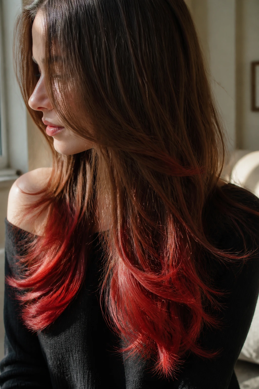Close-up of brown hair with scarlet tips on the ends