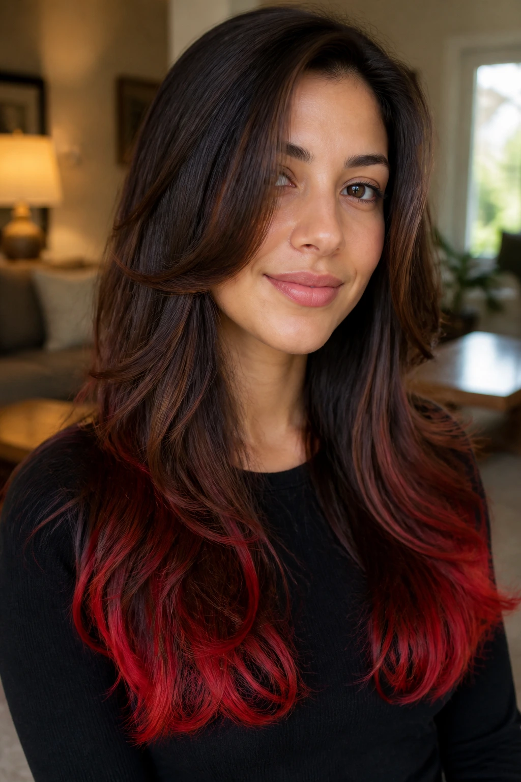 Close-up of brown hair with scarlet tips on long layered ends.