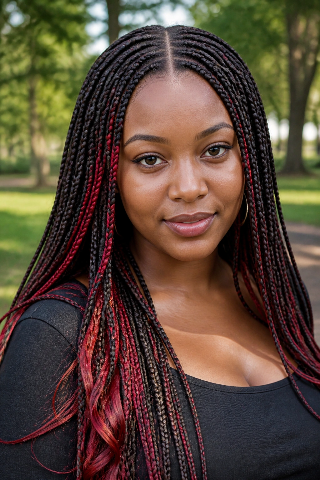 Portrait of a person with scarlet underlights visible in braids
