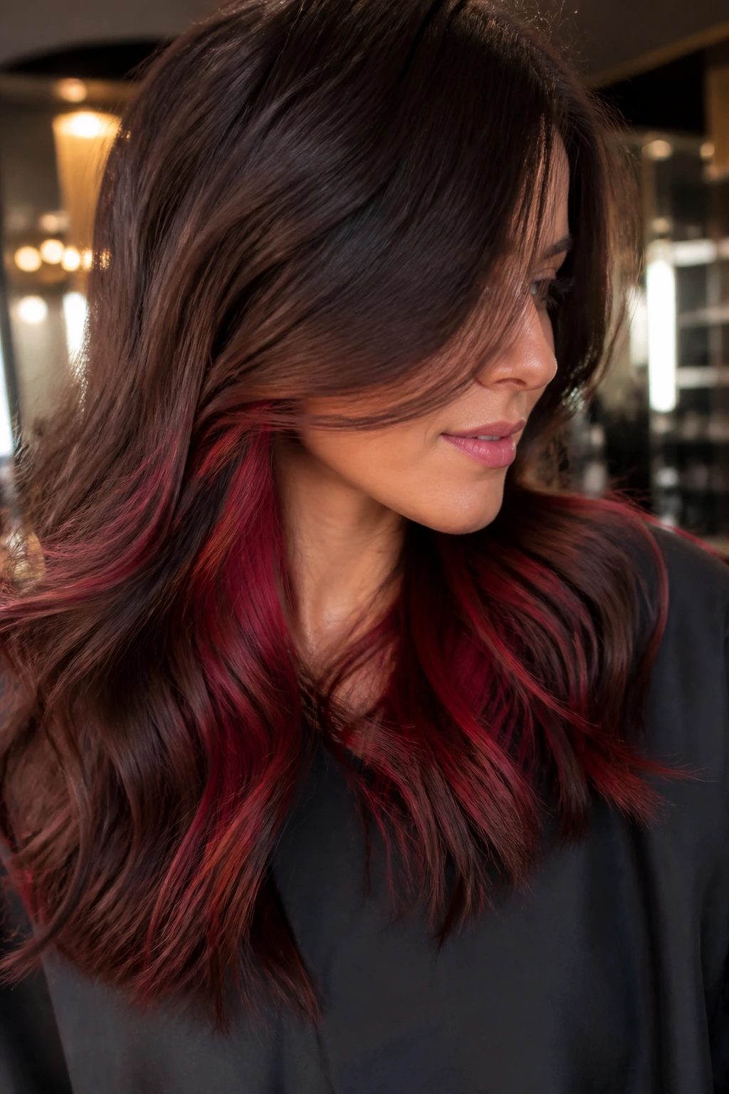 Brunette with scarlet underlights peeking through darker hair in a salon