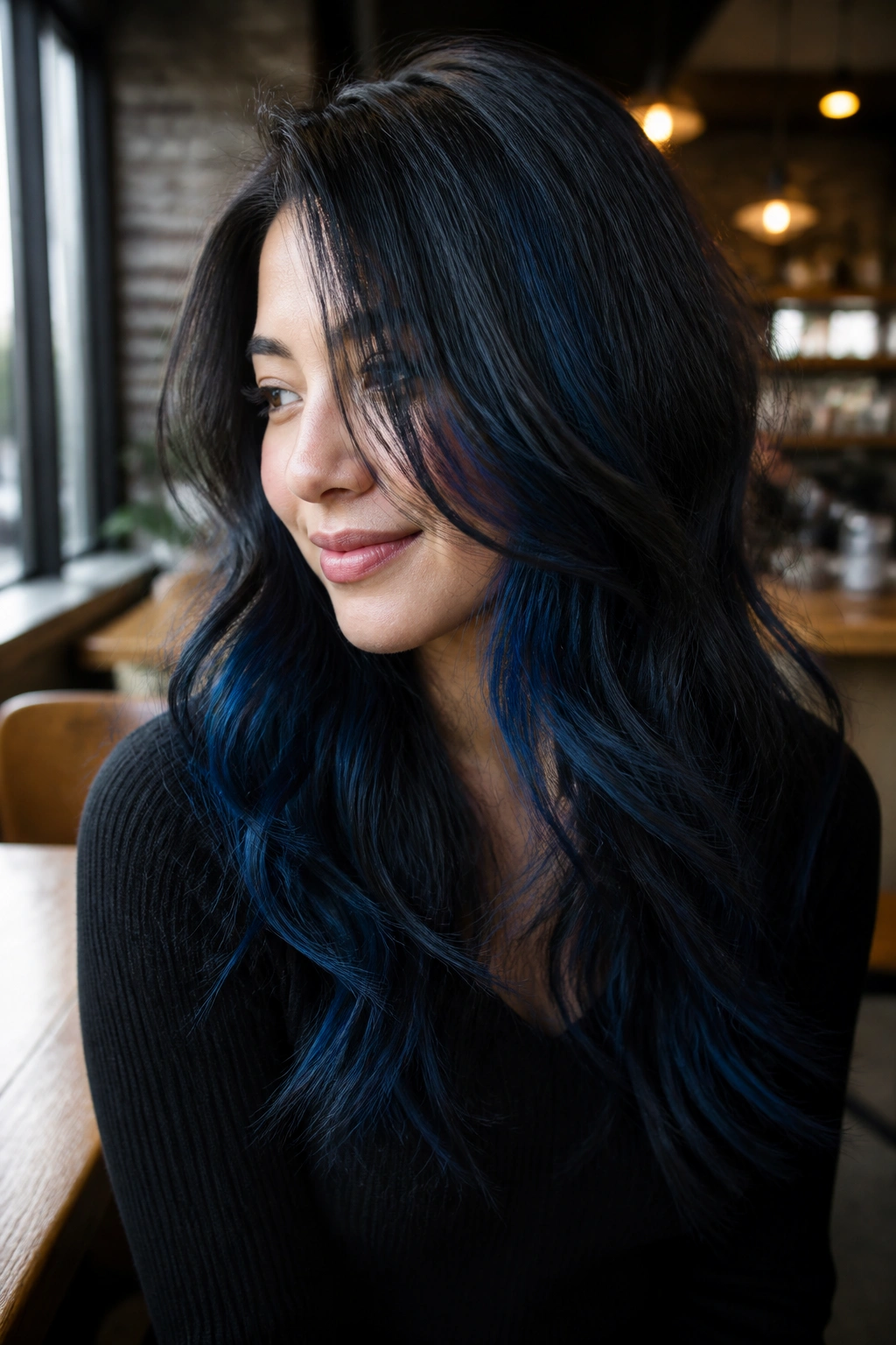 Close-up of scattered blue balayage through long layered hair on a real person