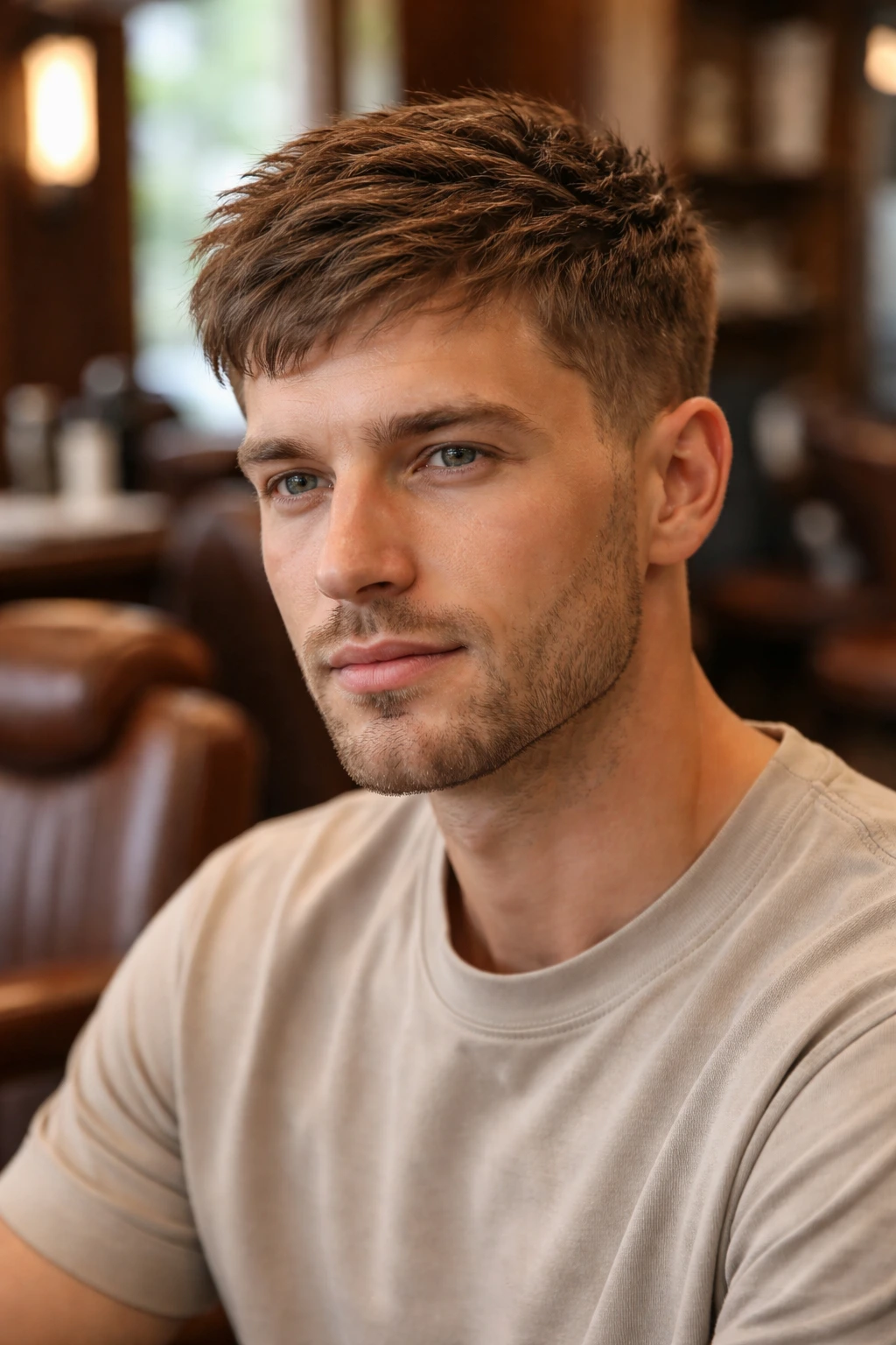 Close-up portrait of a man with a scissor-cut crop hairstyle in a barbershop