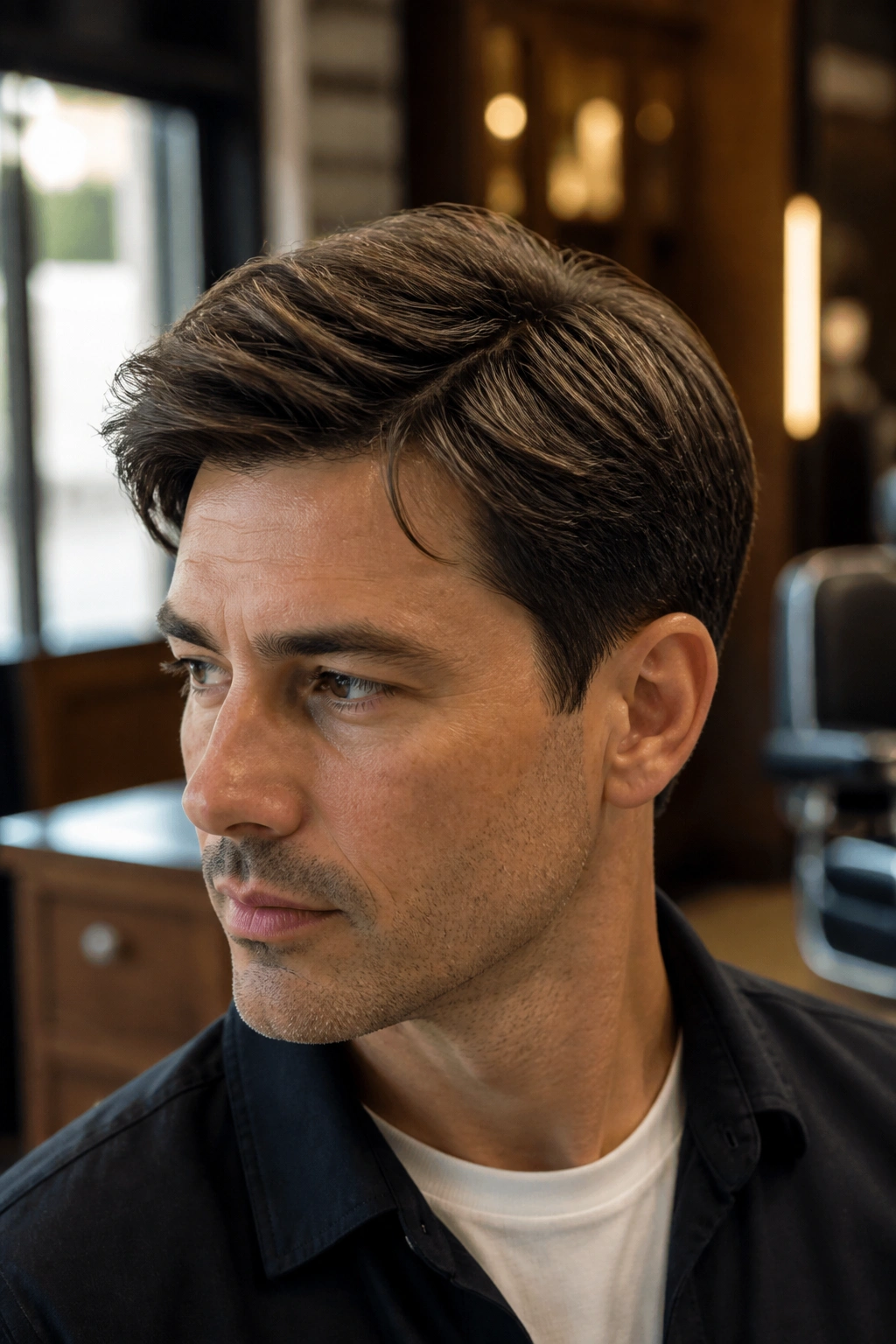 Close-up portrait of a man with Classic Scissor-Cut Layered Business Cut in a warm barbershop