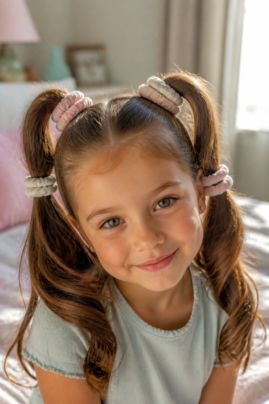 Real girl with scrunchie-stack high pigtails in sunlit bedroom