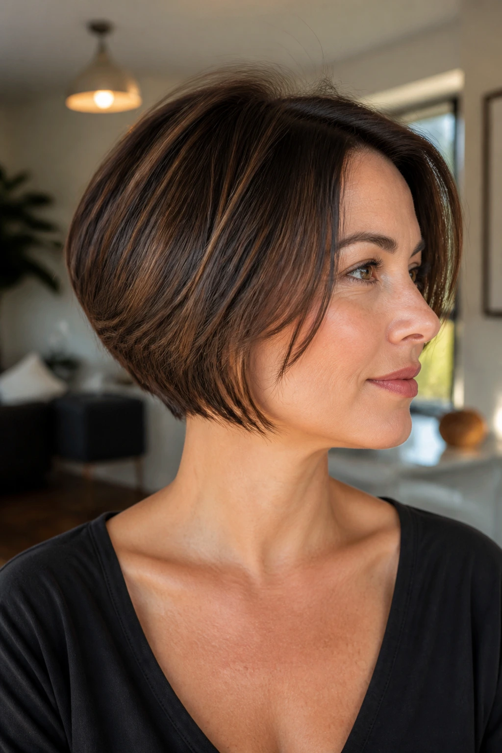 Portrait of a person with a sculpted low-maintenance bob