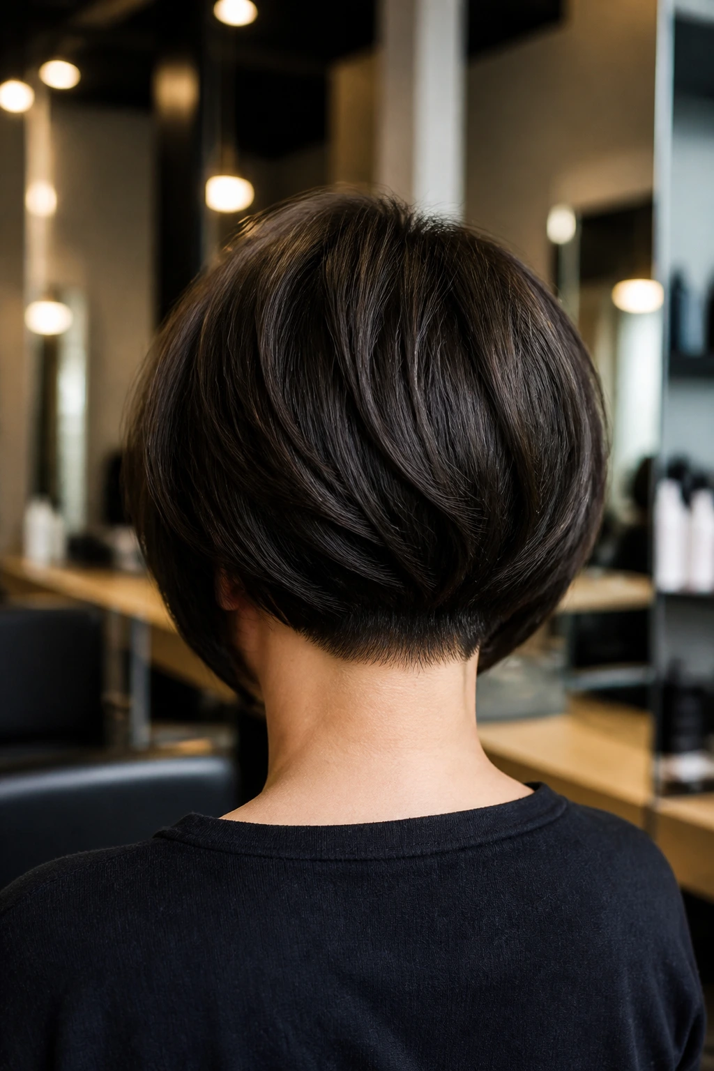 Back view of a real woman with a sculpted thick-hair bob and tight stack