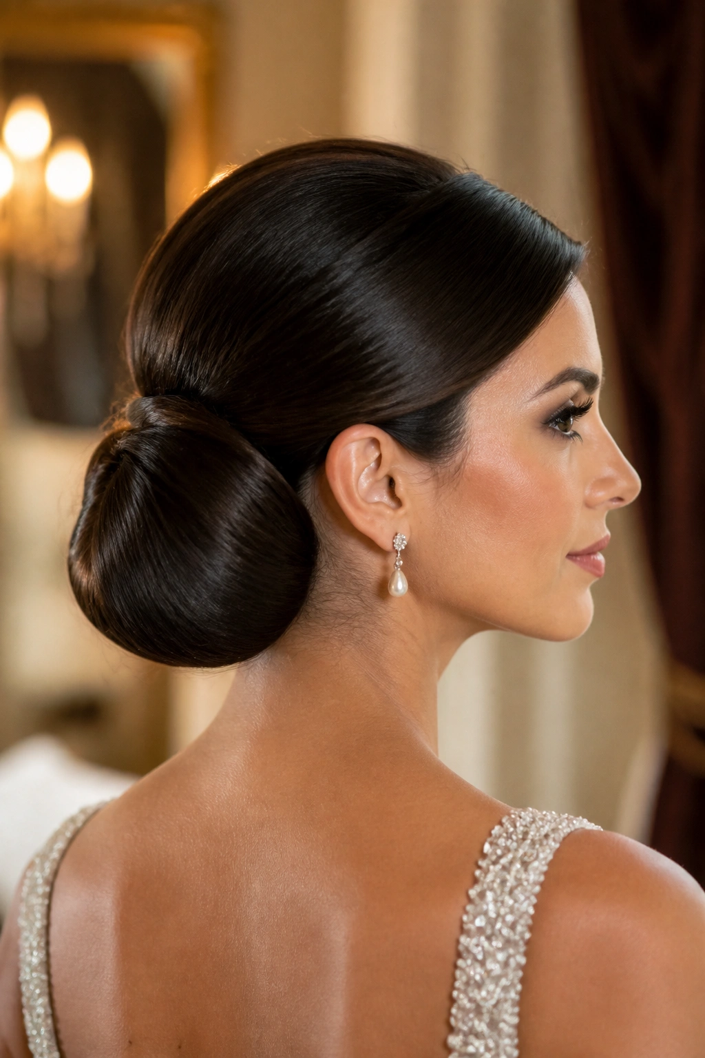 Close-up of a real bride with a sculpted chignon at the nape in a warm bridal suite