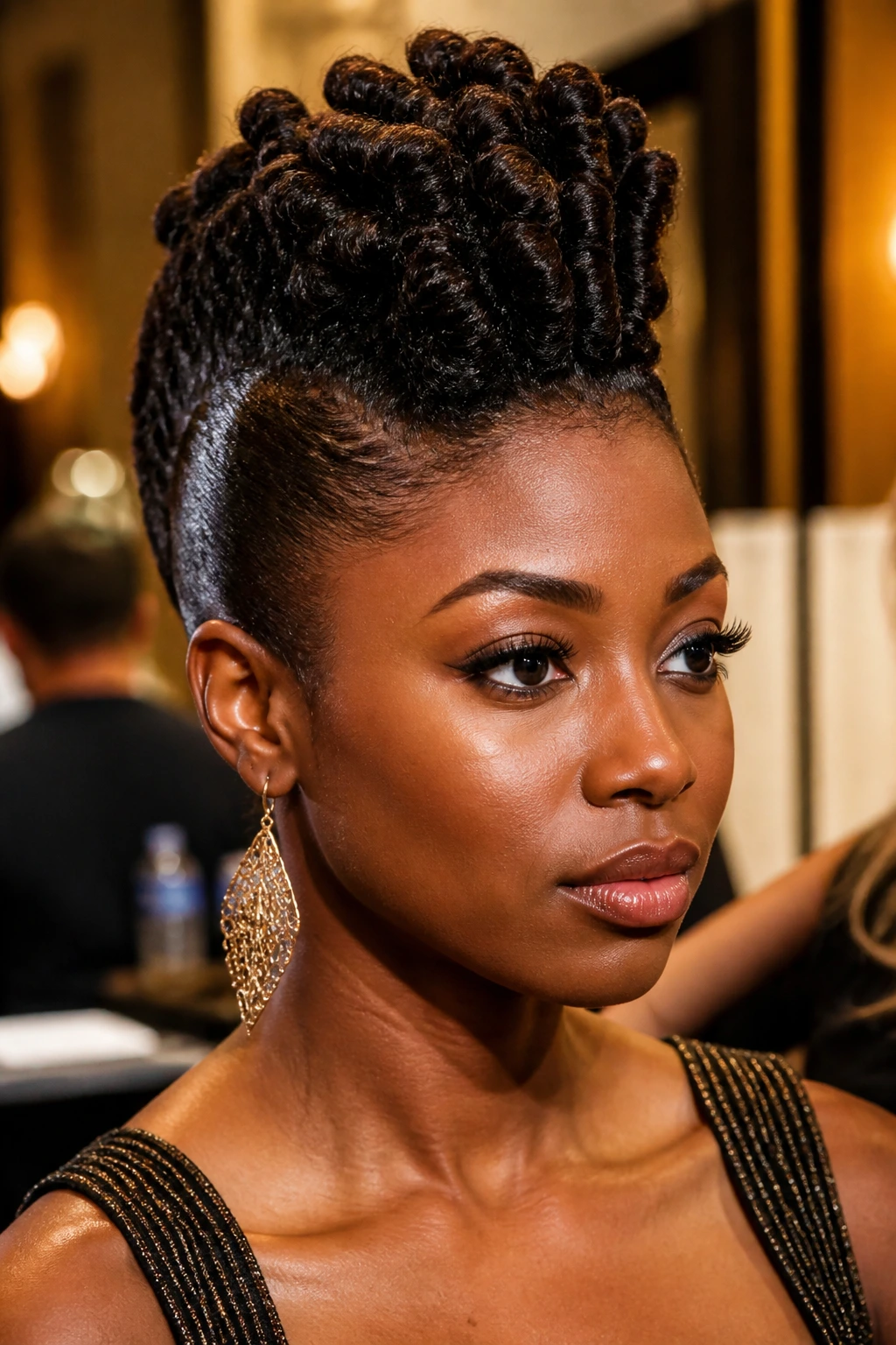 Close-up of a real person with sculpted coil mohawk on top.