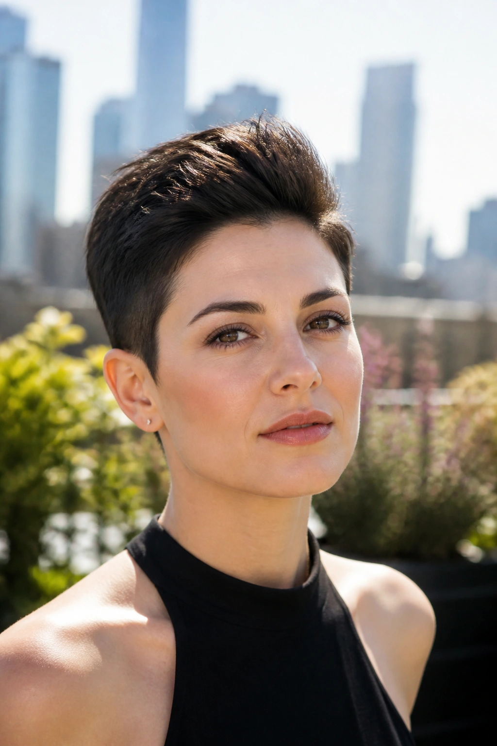 Real person with sculpted crop and lifted crown in a sunlit rooftop setting.