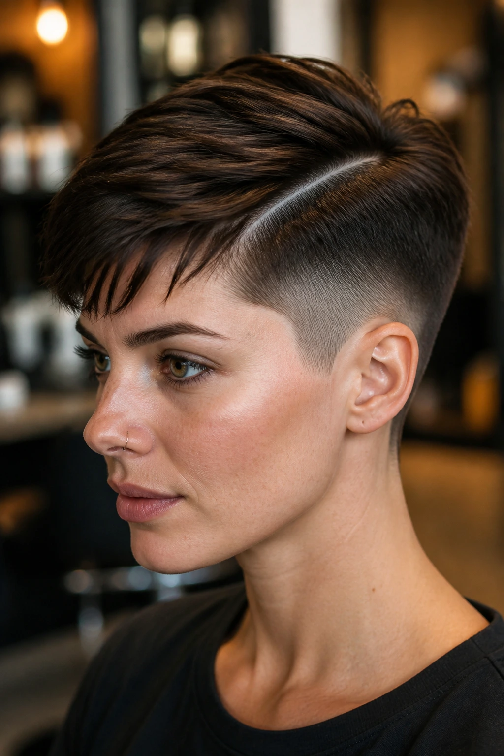 Close-up portrait of a real person with a sculpted crop and hard part, sharp lines and exposed neck.