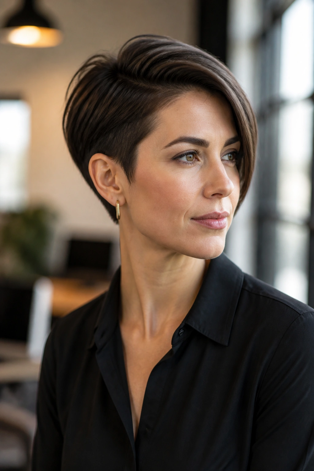 Close-up portrait of a real person with a side-parted sculpted crop and soft undercurve.