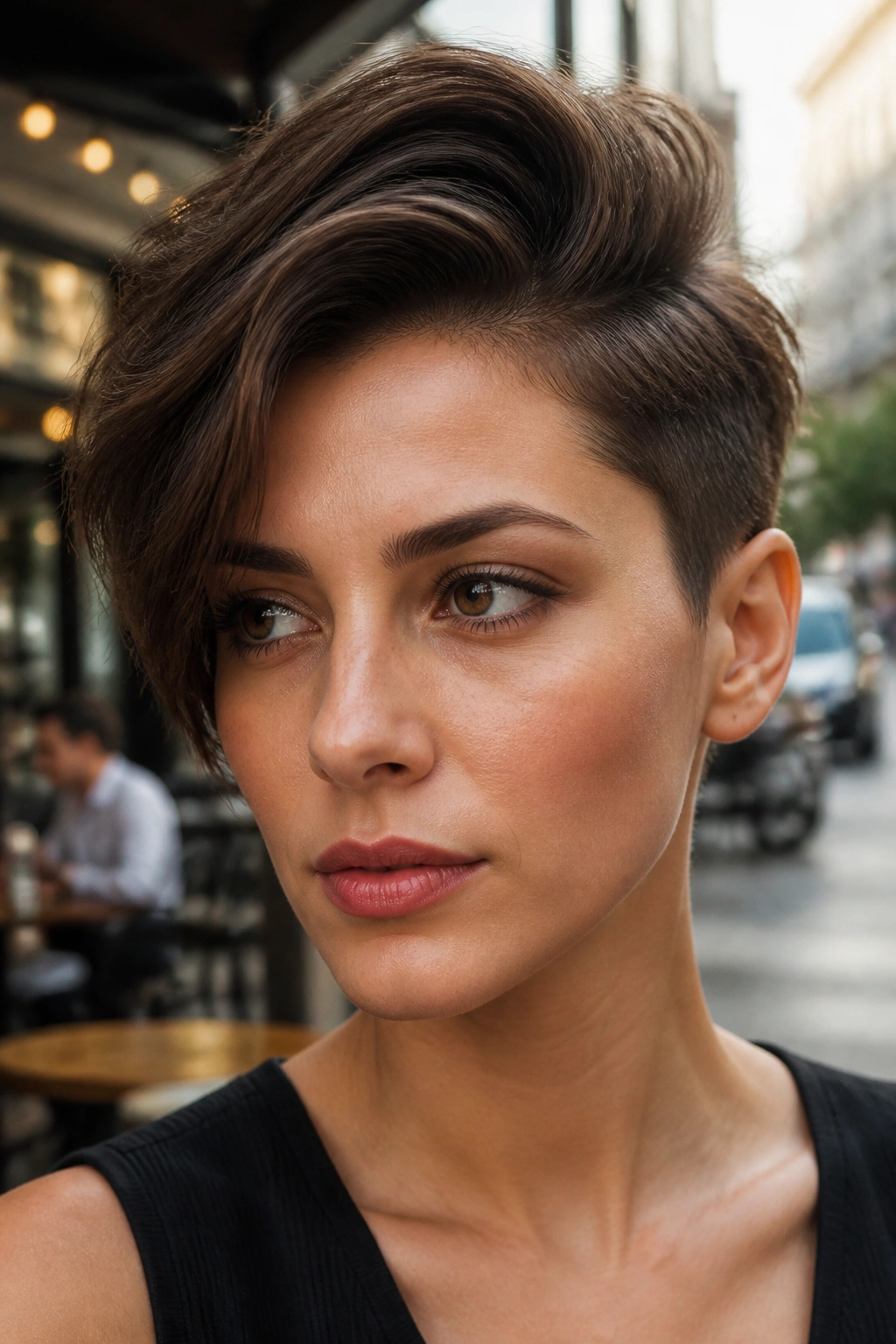 Portrait of a real person with sculpted crop and side volume, high-contrast urban daylight.