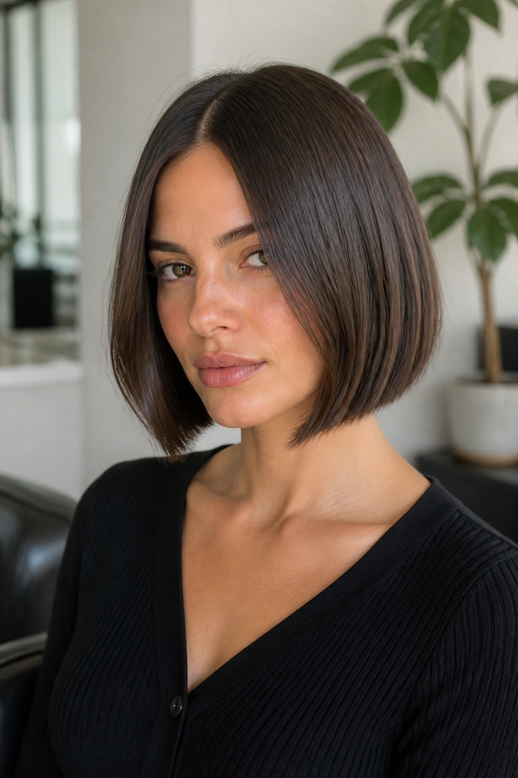 Portrait of a real woman with a sculpted middle-part French bob