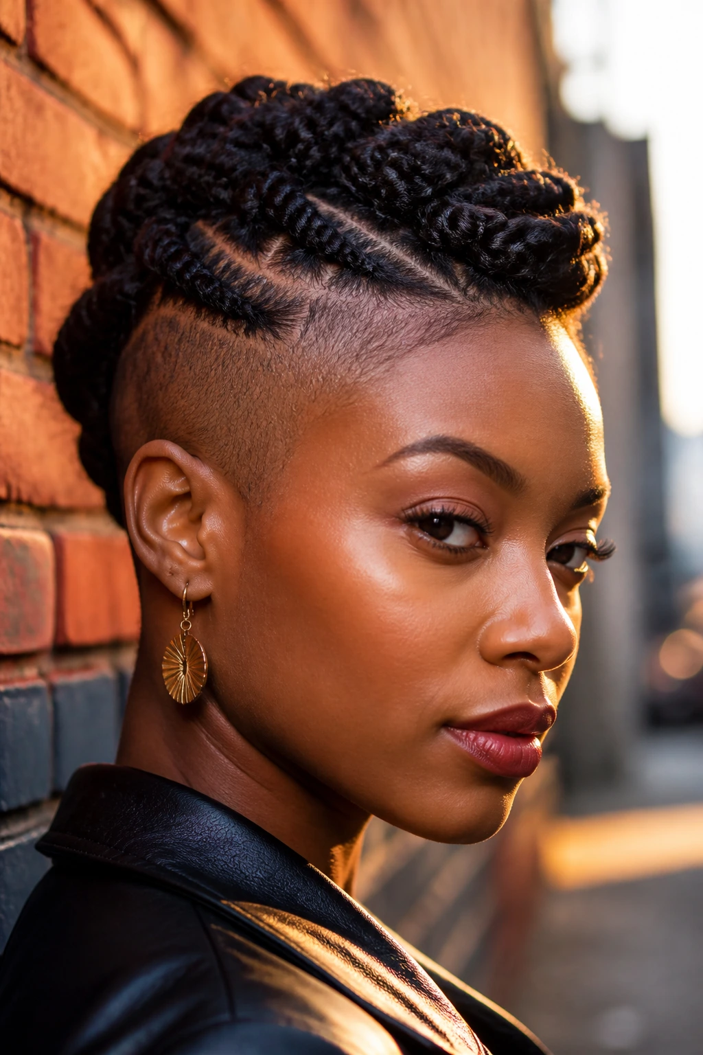 Close-up of a woman with a sculpted mohawk on short natural hair