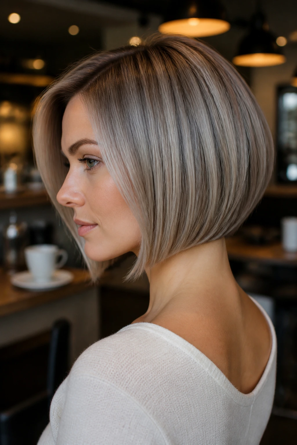Close-up of a real person with sculpted neck-length ash bob and clean edge.