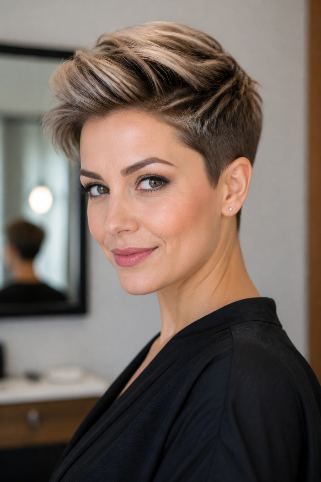 Close-up portrait of a real woman wearing a sculpted pixie with a longer top