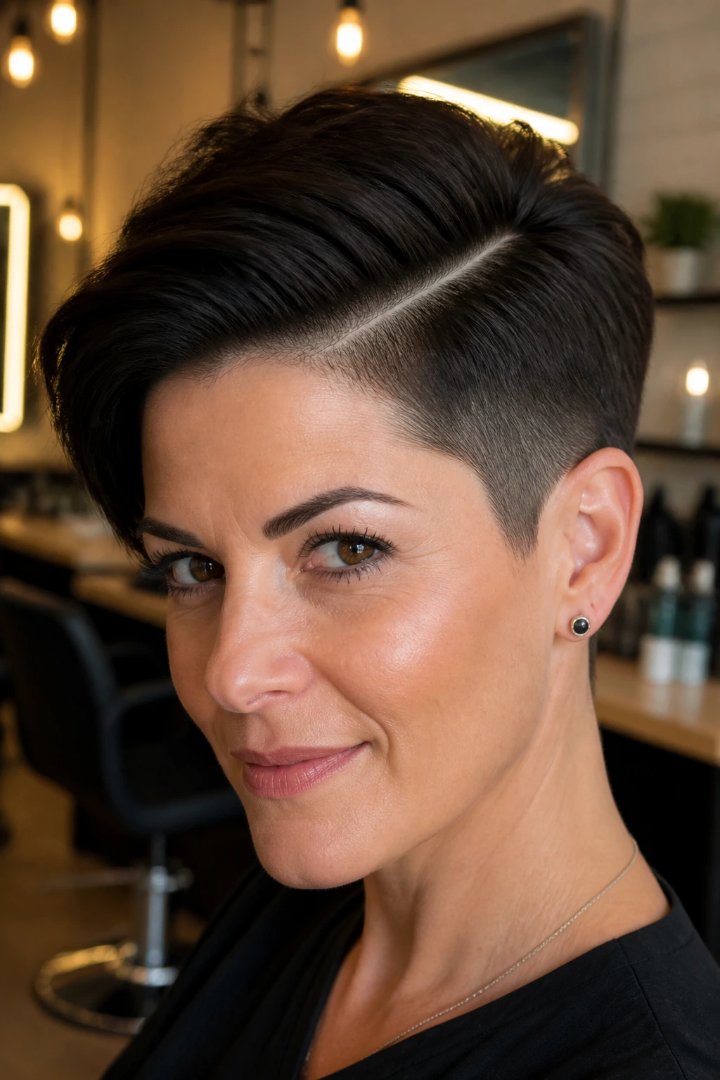 Close-up of a real woman with a sculpted pixie and a visible hard part in a chic salon setting