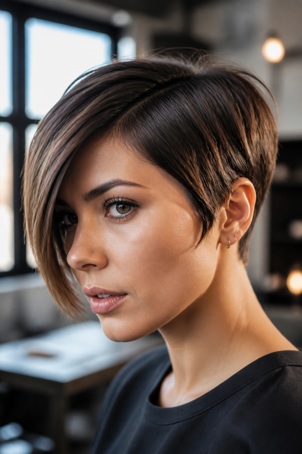 Close-up of a woman with a sculpted side-panel pixie hairstyle in natural light