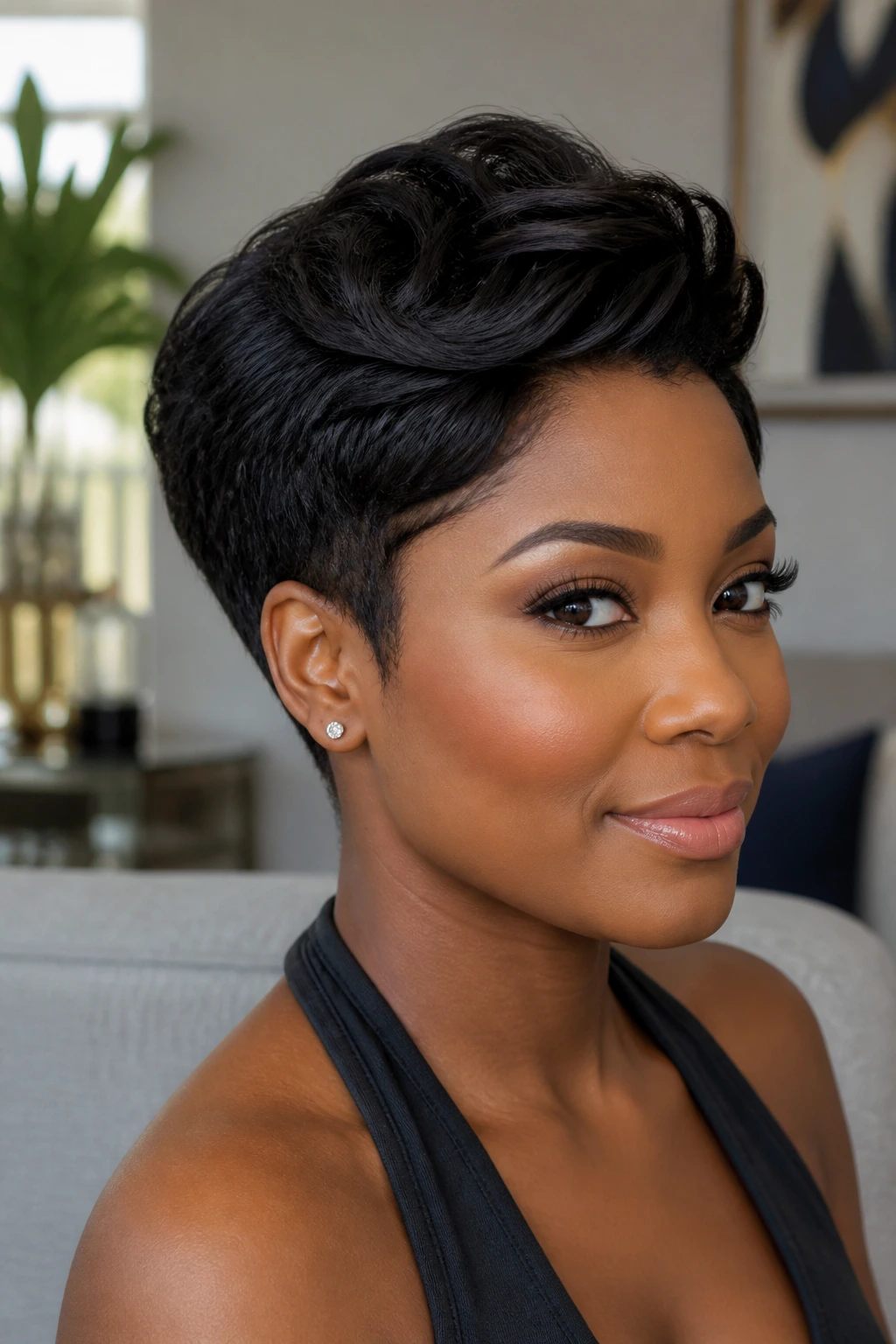 Close-up of a real Black woman with a sculpted rounded pixie and soft crown, in diffused daylight