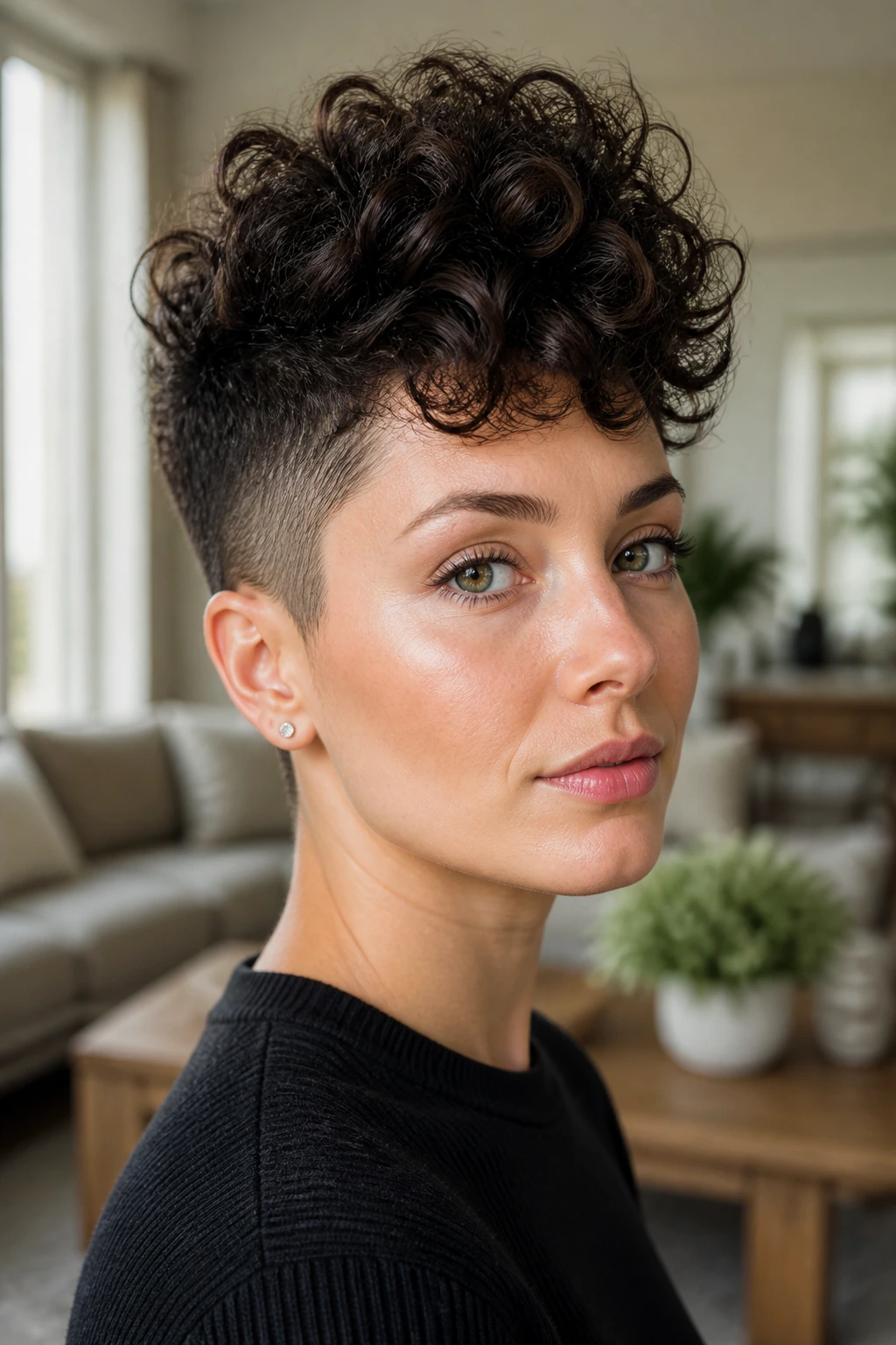 Portrait of a person with sculpted sides and a full curly top under diffused daylight.
