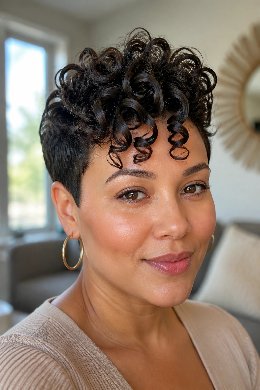 Close-up portrait of a real woman with a sculpted spiral pixie and defined curl clumps.