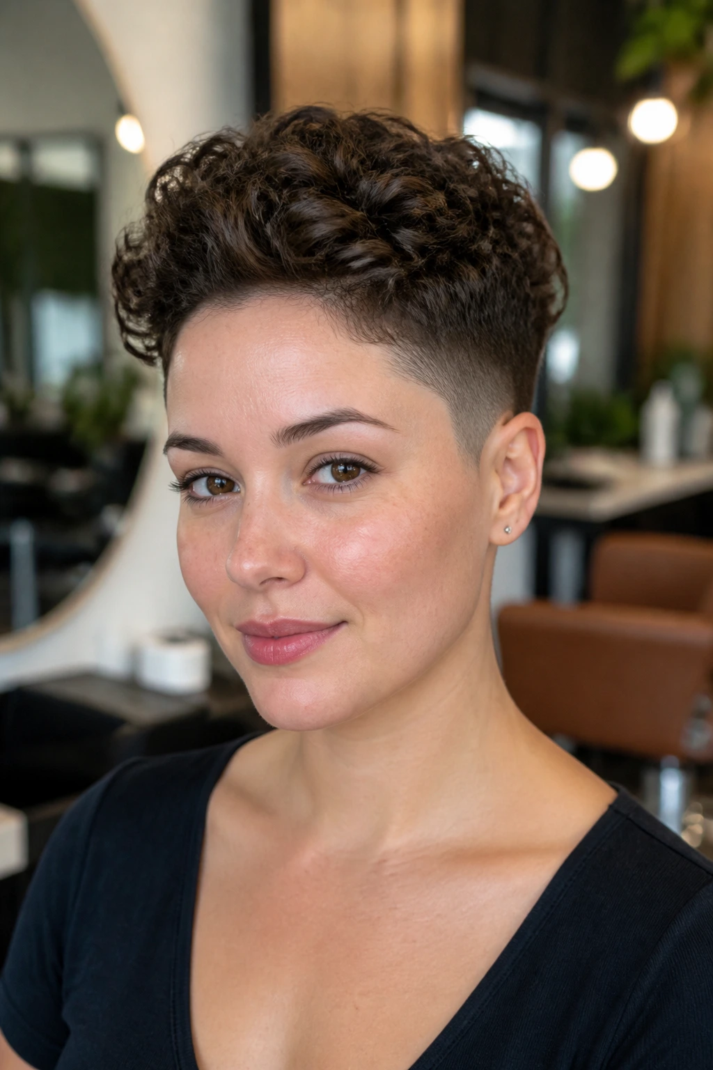 Portrait of a real woman with sculpted top curly pixie and close sides