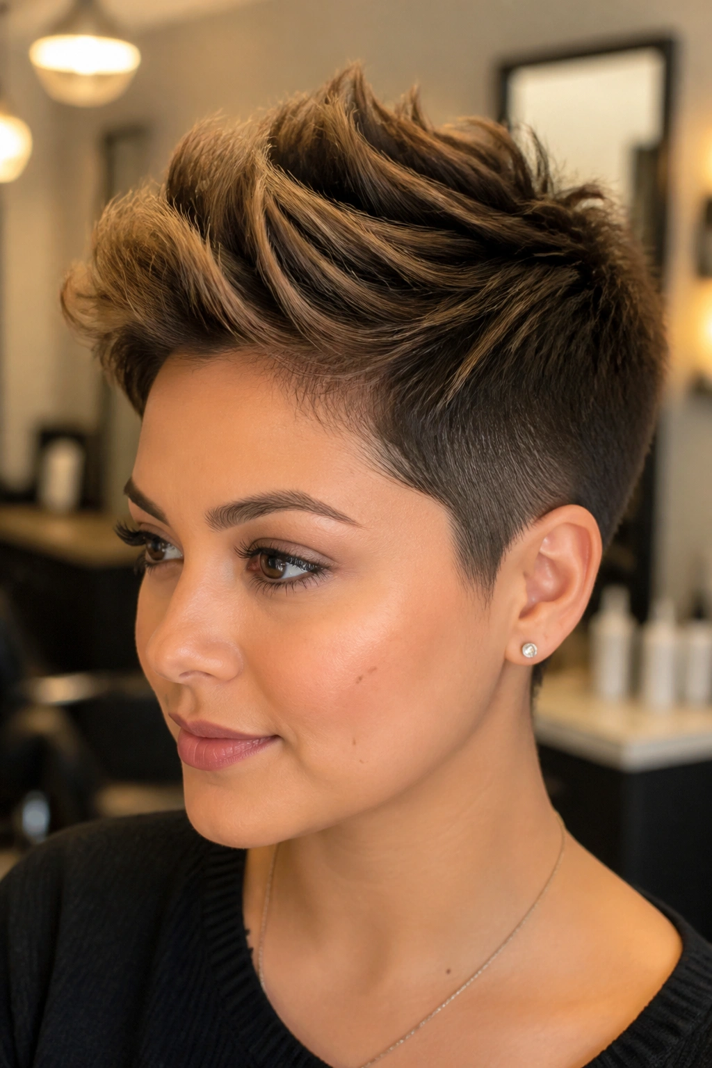 Close-up of a real person with sculpted top pixie and tapered sides.