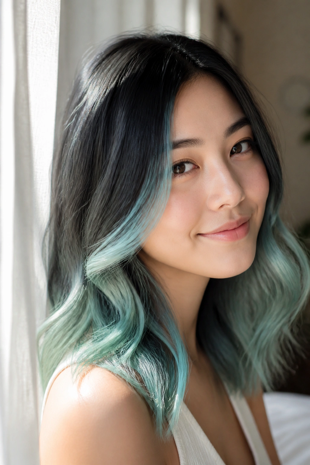 Close-up of sea-glass balayage on mid-length hair in milky blue-green tones