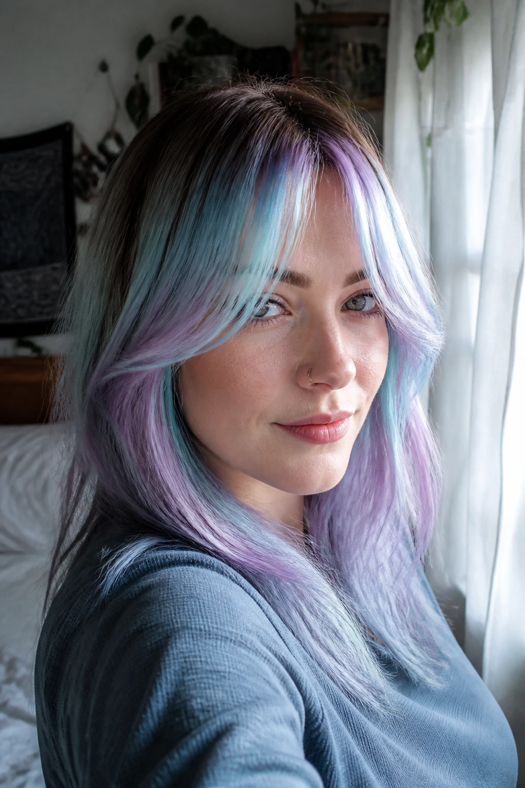Portrait of a real woman with Sea Glass Curtain Bangs in pale aqua, blue, and lavender under natural window light.