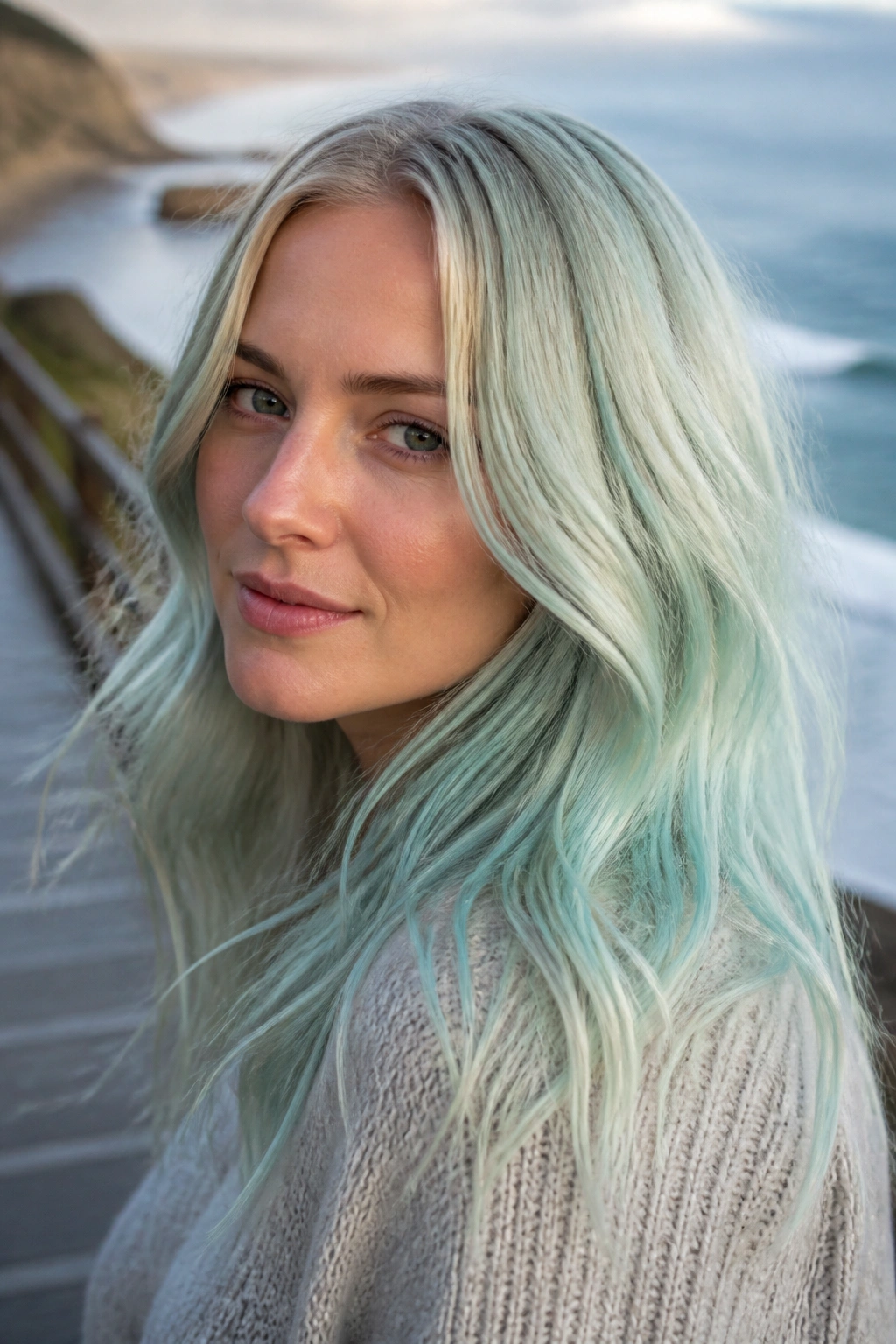 Close-up portrait of a real woman with sea glass blonde hair and pale blue-green tint by the ocean