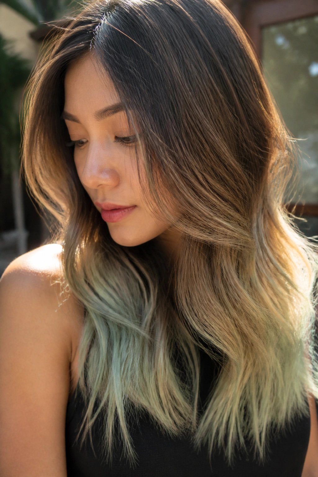 Portrait showing pale sea glass green ends on warm brown hair