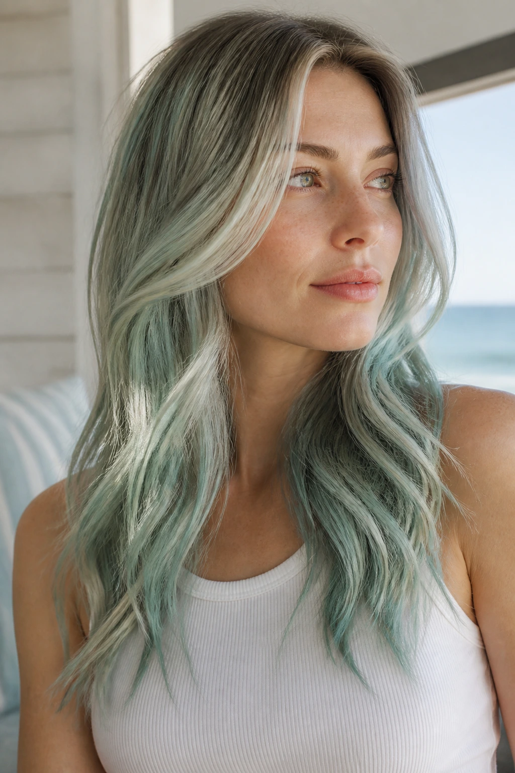 Close-up portrait of a real person with seafoam balayage hair.
