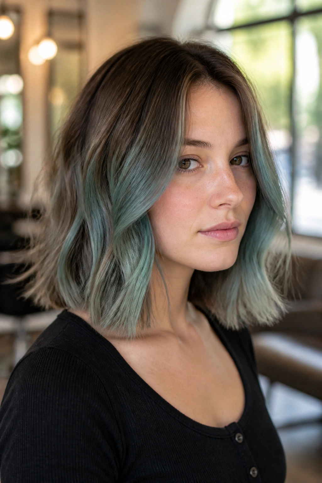 Close-up of a real woman with seafoam smoke lob framing the face