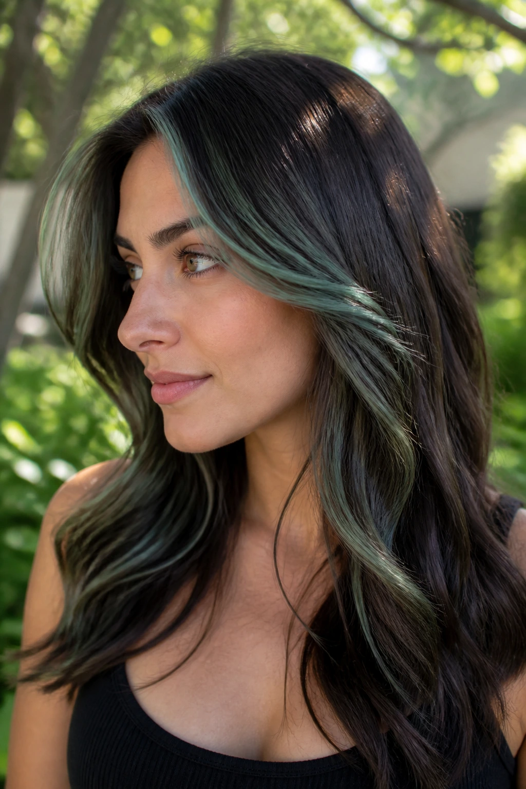 Close-up of dark brunette hair with seafoam micro-highlights near temples