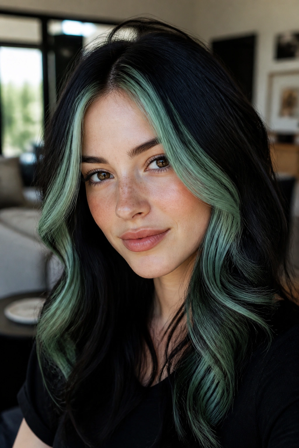 Front portrait showing seafoam money piece on dark hair