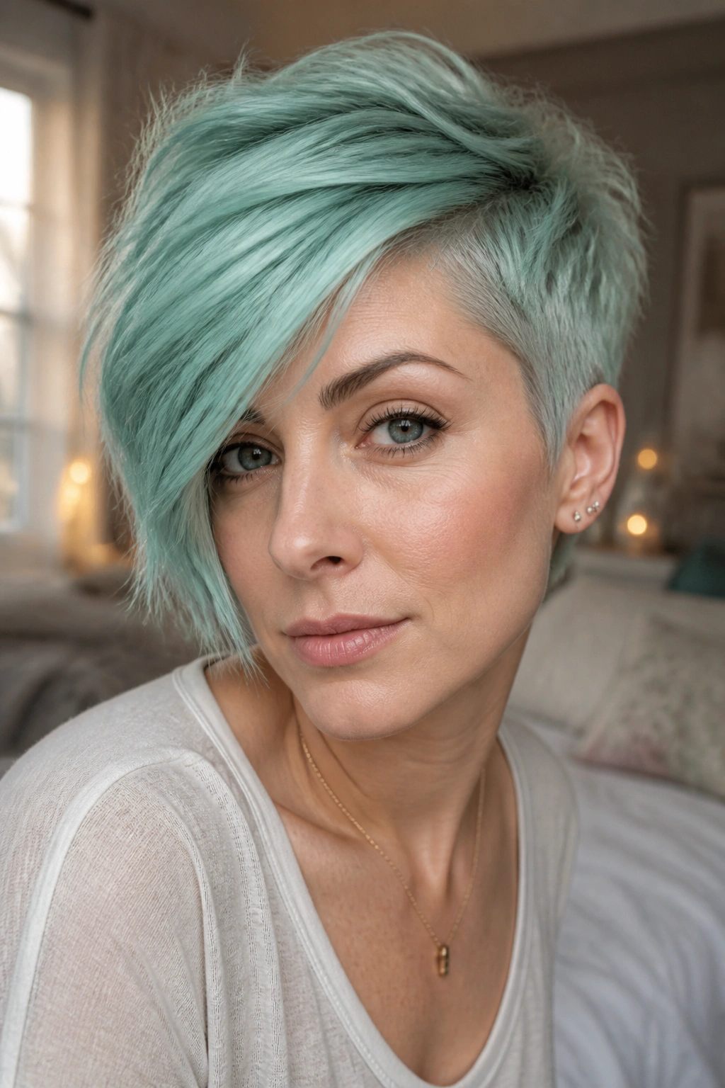 Close-up portrait of a real woman with seafoam pixie, asymmetrical cut and soft mood