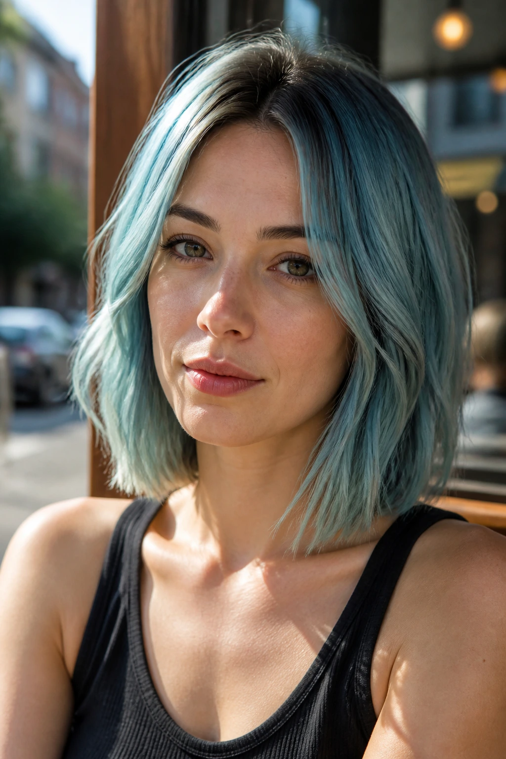 Real person with sea glass blue lob hairstyle in outdoor cafe setting