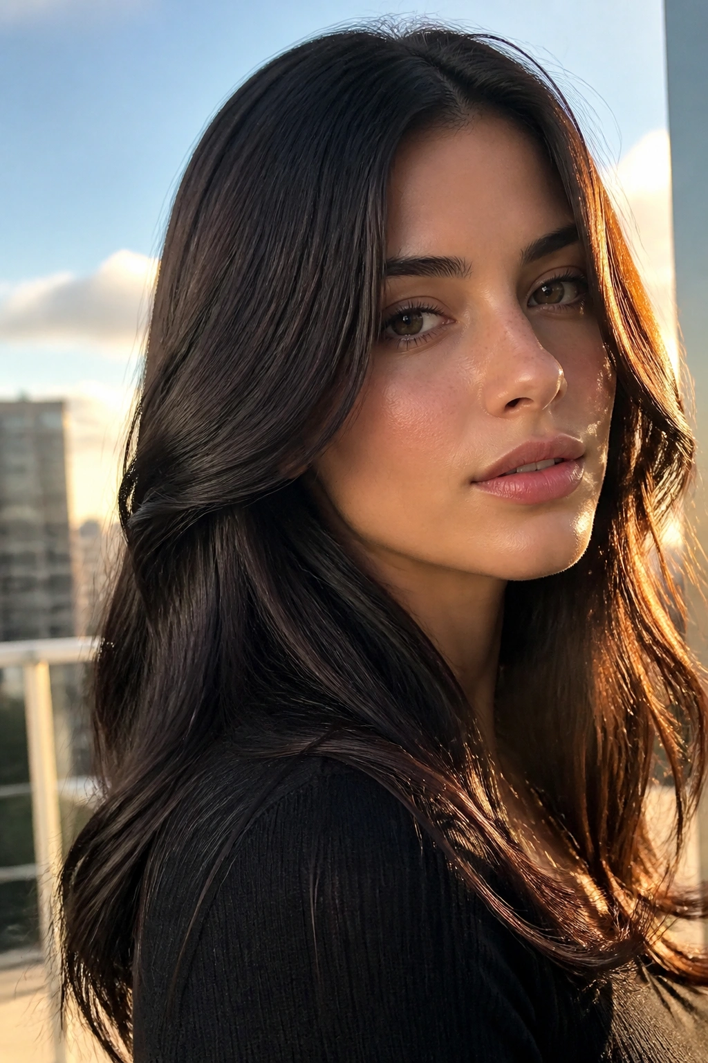 Close-up of a real person with seal brown hair and glossy shine in natural light