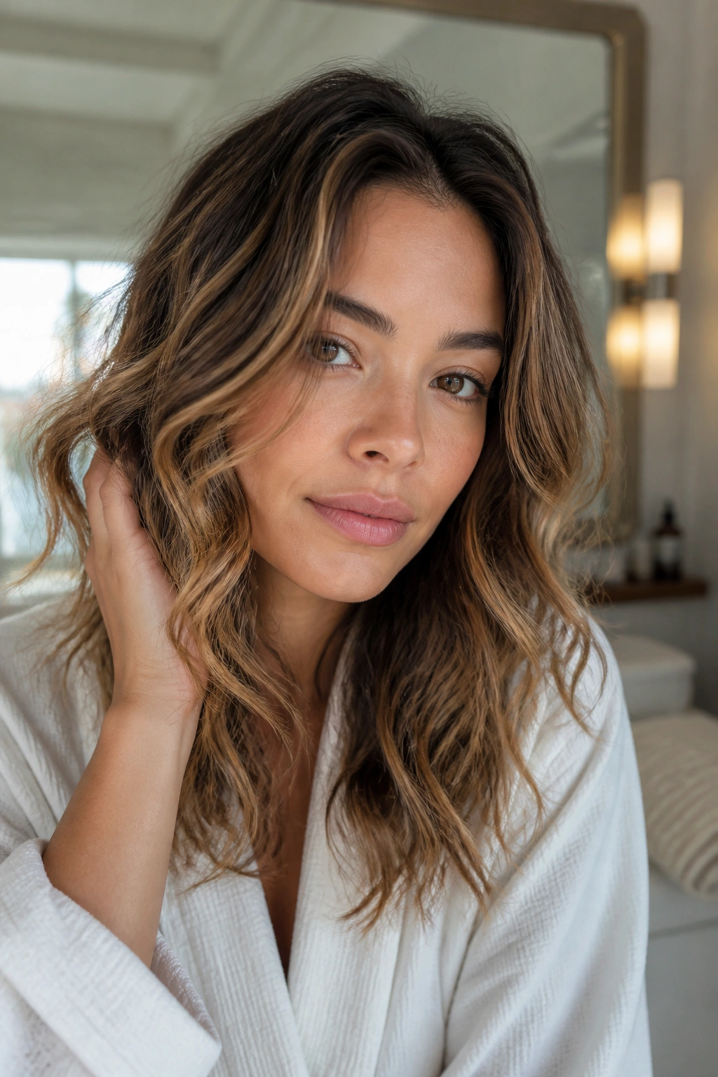 Close-up portrait of a real woman with second-day waves refreshed with mist