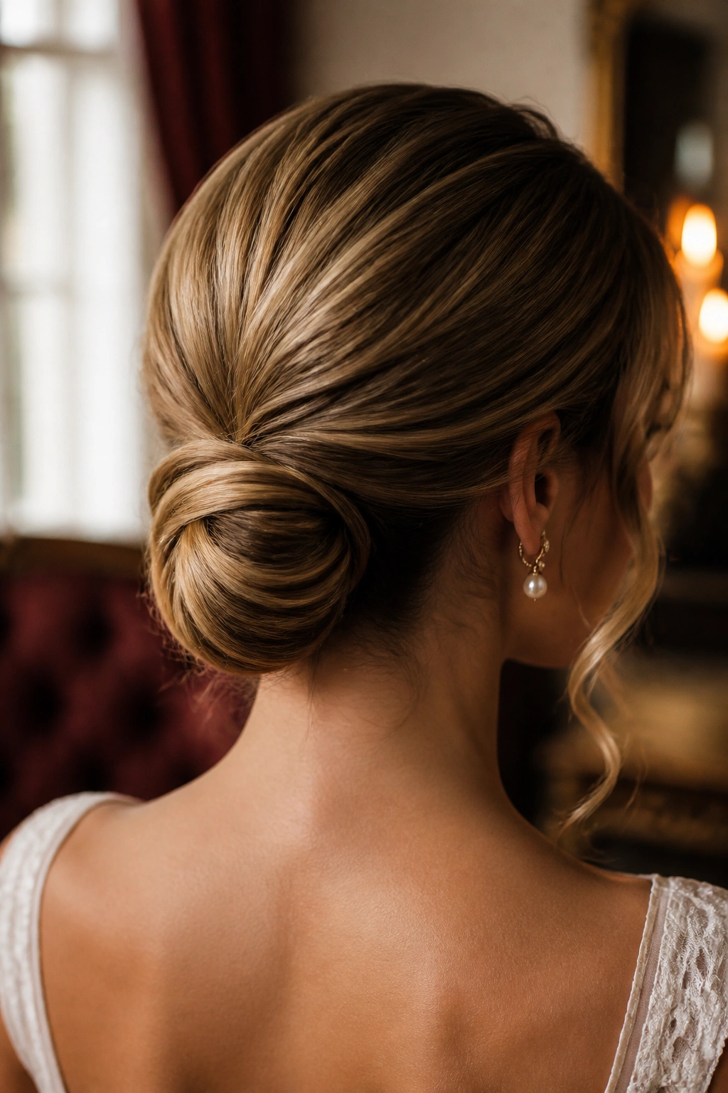 Close-up of a real bride with a secure low knot at the nape, neatly pinned