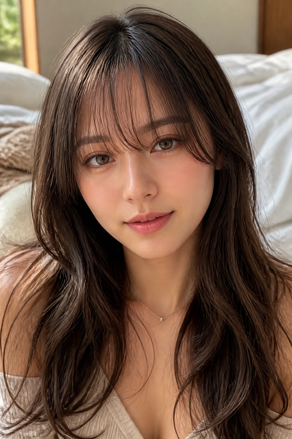 Close-up of see-through airy long bangs on a real woman